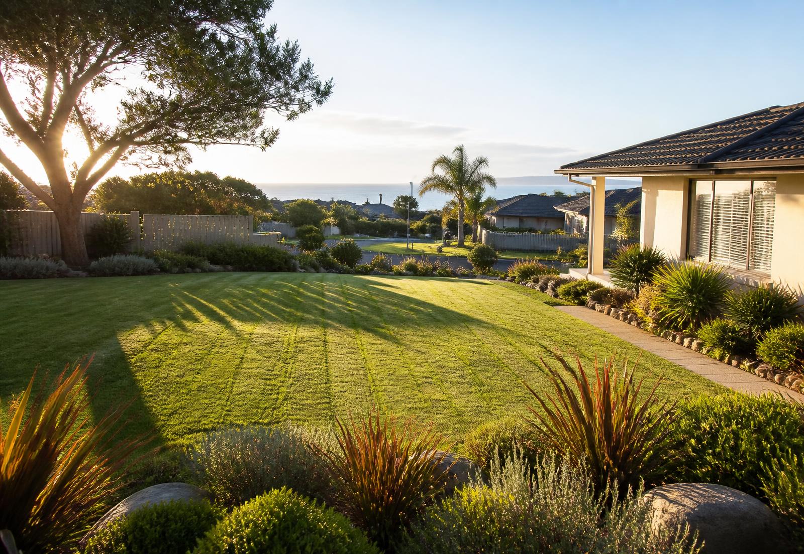 Freshly mown lawn and tidy garden beds at a North Shore home